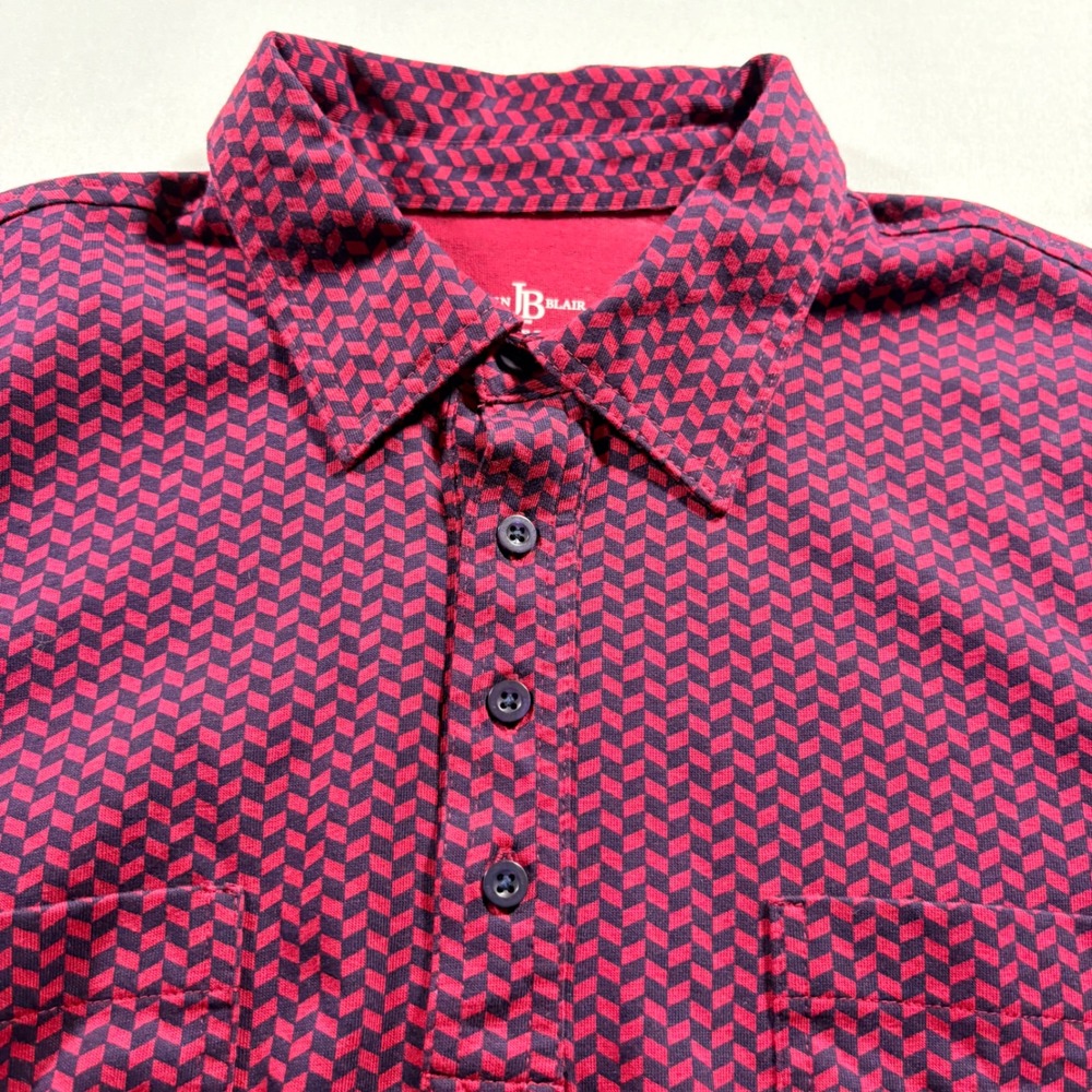 John Blair Polo Shirt Mens Large Red Geometric Banded Bottom Short Sleeve Casual